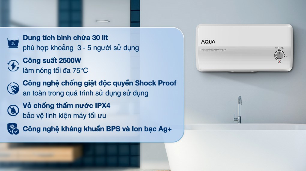 Máy nước nóng gián tiếp Aqua 30 lít 2500W AES30H-SUPER