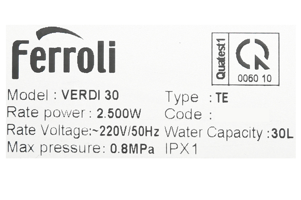 Bình nước nóng Ferroli VERDI 30L TE 30 lít