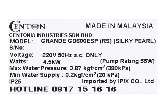 Máy nước nóng Centon GD600ESP RS Màu Xám