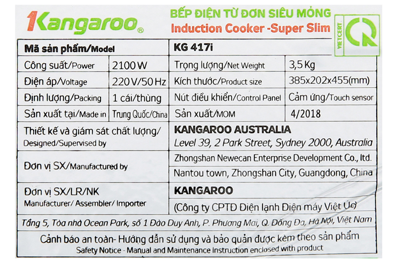 Công suất cao, nấu ăn nhanh - Bếp điện từ Kangaroo KG417i