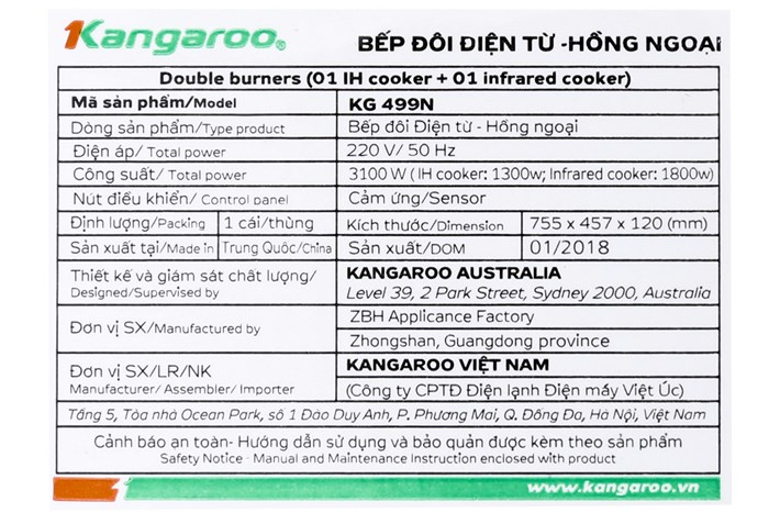 Bếp từ hồng ngoại lắp âm Kangaroo KG499N Màu Đen