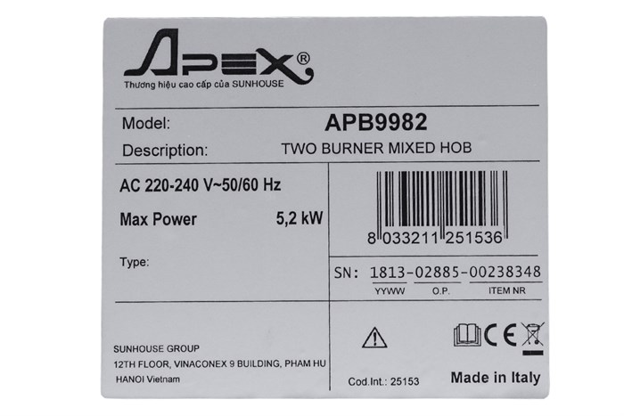 Bếp từ hồng ngoại Apex APB9982 Màu Đen