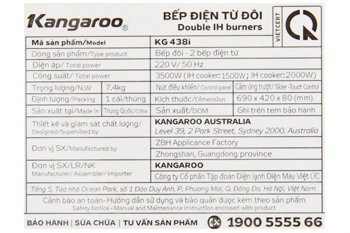 Bếp từ đôi âm Kangaroo KG438I 3500W Màu Đen