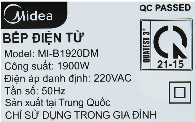 Công suất 1900 W - Bếp từ Midea MI-B1920DM Công suất 1900 W - Bếp từ Midea MI-B1920DM