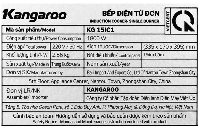 Bếp từ đơn Kangaroo KG15IC1 1800W Màu Đen