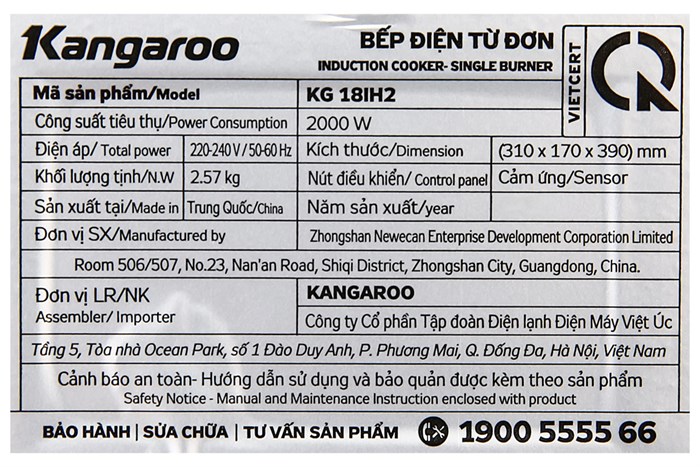 Bếp từ đơn Kangaroo KG18IH2 2000W Màu Đen