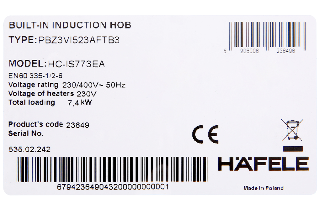 Siêu thị bếp từ 3 vùng nấu lắp âm Hafele HC-IS773EA (535.02.242)