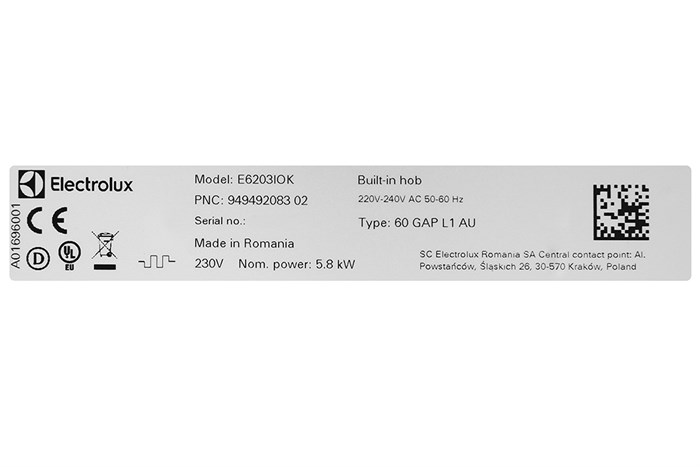 Bếp từ 3 vùng nấu lắp âm Electrolux E6203IOK Màu Đen