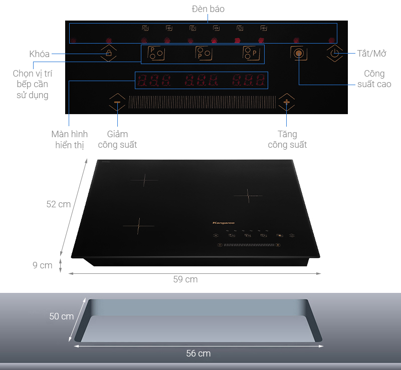 Thông số kỹ thuật Bếp từ ba vùng nấu Kangaroo KG836i