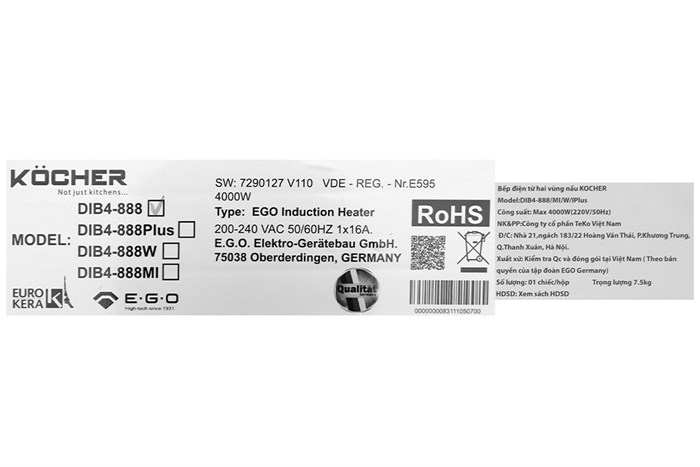 Bếp từ đôi lắp âm Kocher DIB4-888 Màu Đen