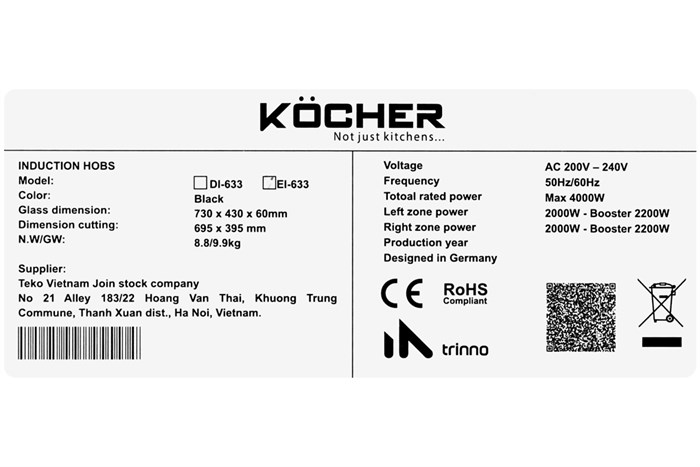 Bếp từ đôi Kocher DI-633 Màu Đen