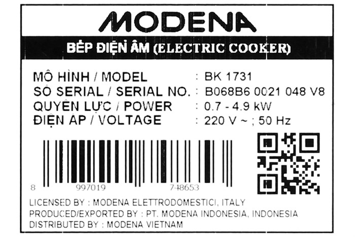 Bếp từ hồng ngoại 3 vùng nấu lắp âm Modena BK 1731 Màu Đen
