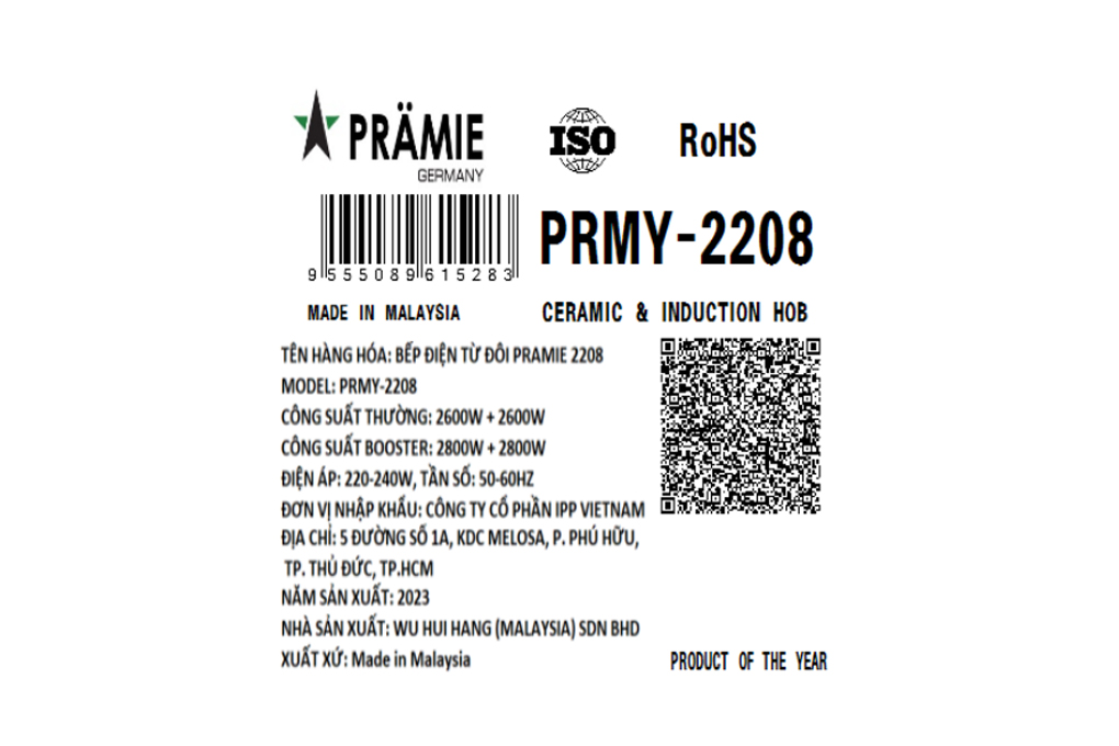 Bếp từ đôi lắp âm Pramie 2208 Màu Đen