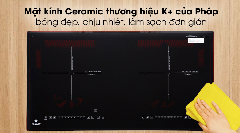 Bếp từ đôi Pramie 2208 - Bề mặt bếp từ bằng kính Ceramic thương hiệu K+ của Pháp