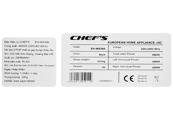 Bếp từ hồng ngoại Chef's EH-MIX366 Màu Đen