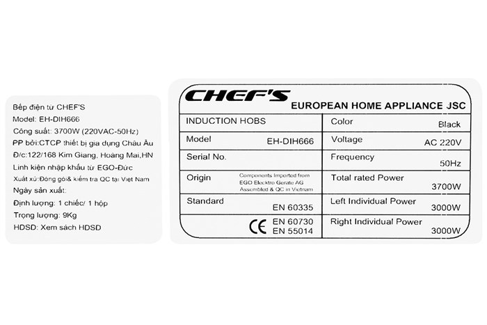 Bếp từ đôi lắp âm Chef's EH-DIH666 Màu Đen