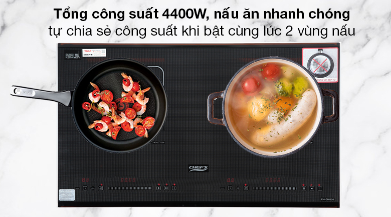 Bếp từ đôi lắp âm Chef's EH-DIH320 - Tự chia sẻ công suất khi bật cùng lúc 2 vùng nấu với tổng công suất 4400W