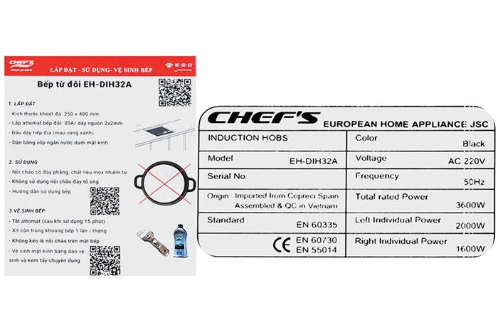 Bếp từ đôi lắp âm Domino Chef's EH - DIH32A Màu Đen