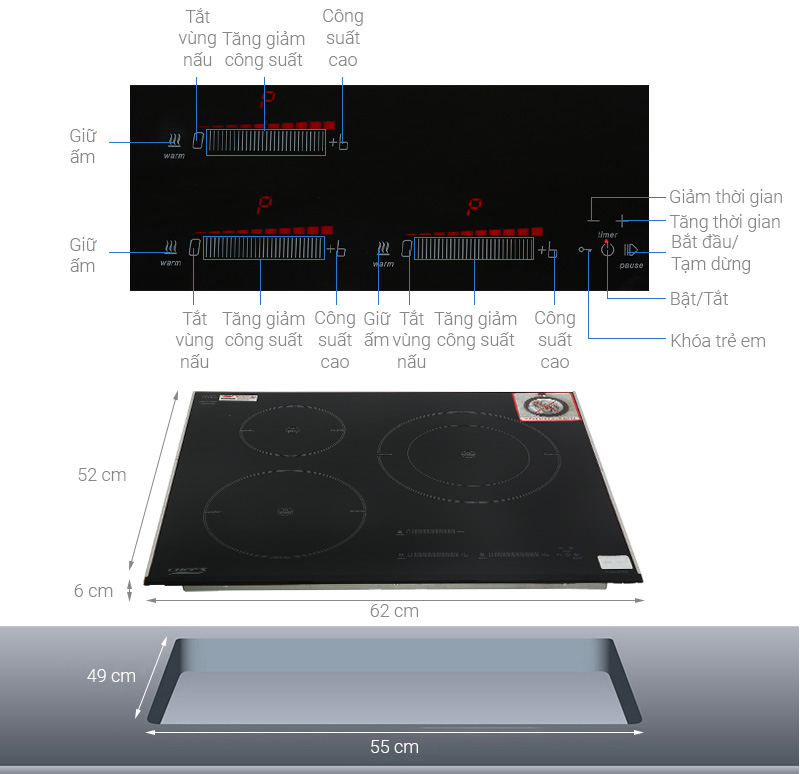 Bếp từ 3 vùng nấu lắp âm Chef's EH-IH555