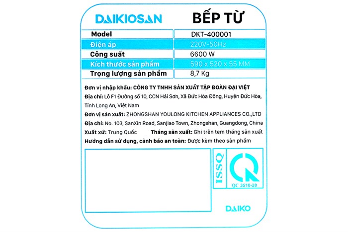 Bếp từ bốn vùng nấu lắp âm Daikiosan DKT-400001 Màu Đen
