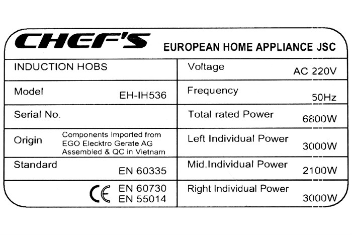 Bếp từ 3 vùng nấu lắp âm Chef's EH - IH536 Màu Đen