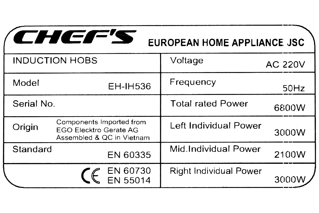 Bếp từ 3 vùng nấu lắp âm Chef's EH - IH536 Màu Đen