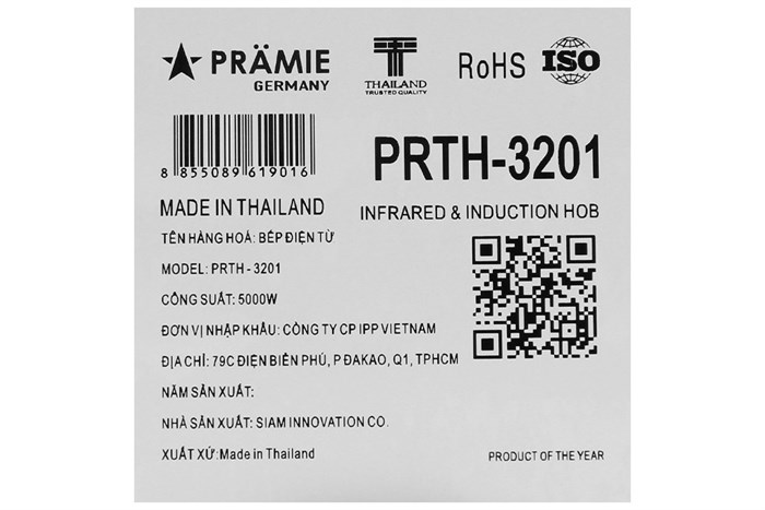 Bếp từ hồng ngoại 3 vùng nấu âm Pramie PRTH-3201 5000W Màu Đen