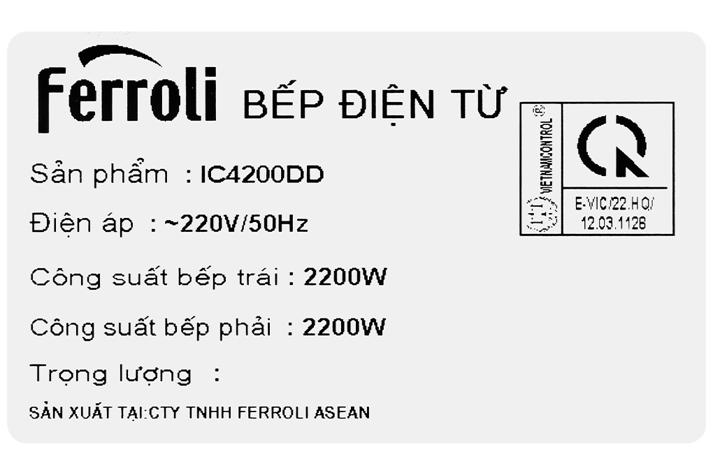 Bếp từ hồng ngoại âm Ferroli IC4200DD 4200W Màu Đen