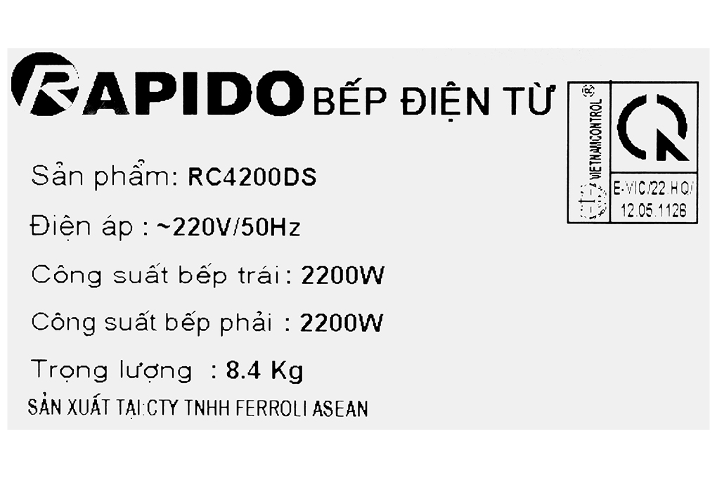 Bếp từ hồng ngoại âm Rapido RC4200DS 4400W Màu Đen