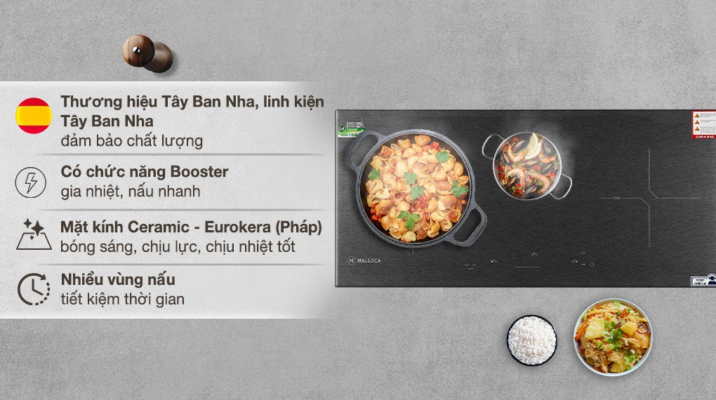Bếp từ 3 vùng nấu lắp âm Malloca MH-03IS