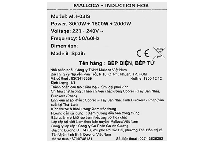 Bếp từ 3 vùng nấu lắp âm Malloca MH-03IS Màu Bạc