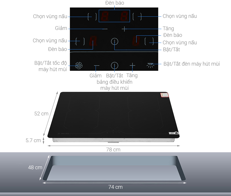 Bếp điện từ 4 vùng nấu lắp âm Malloca MI-784 ITG