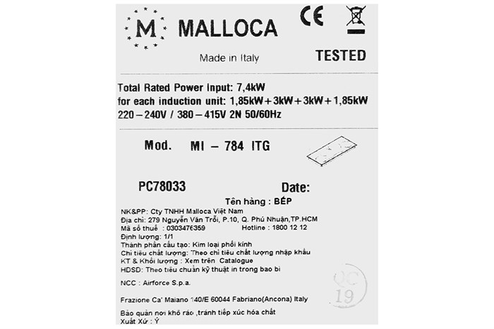 Bếp điện từ 4 vùng nấu lắp âm Malloca MI-784 ITG Màu Đen