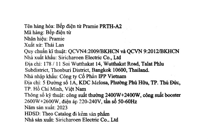 Bếp từ đôi âm Pramie PRTH-A2 4800W Màu Đen