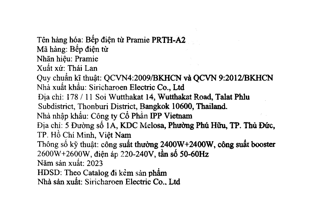 Bếp từ đôi âm Pramie PRTH-A2 4800W Màu Đen