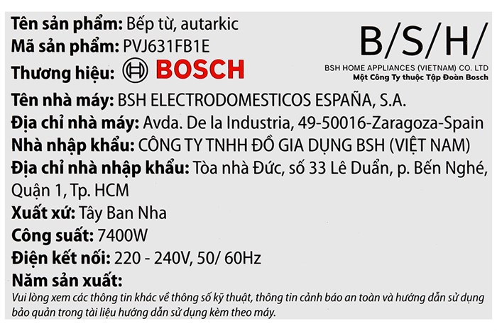 Bếp từ 3 vùng nấu lắp âm Bosch PVJ631FB1E Màu Đen