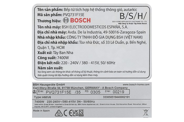 Bếp từ 4 vùng nấu lắp âm tích hợp hút mùi Bosch PVQ731F15E Màu Đen
