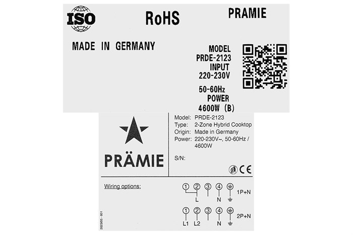 Bếp từ hồng ngoại âm Pramie PRDE-2123 4600W Màu Đen