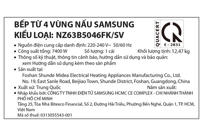 Bếp từ 3 vùng nấu âm Samsung NZ63B5046FK/SV 7400W Màu Đen