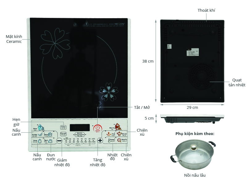 Thông số kỹ thuật Bếp từ Midea MI-SV21DN mặt kiếng chịu nhiệt