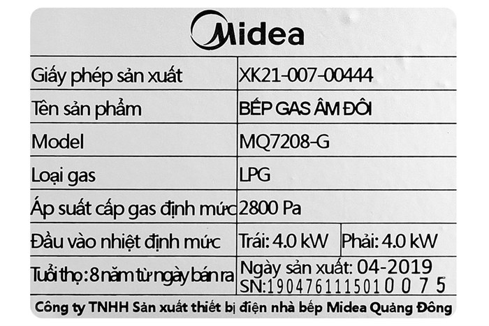 Bếp ga âm Midea MQ7208-G Màu Đen