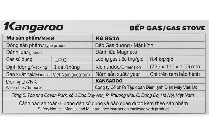 Bếp ga đôi Kangaroo KG8G1A Màu Đen