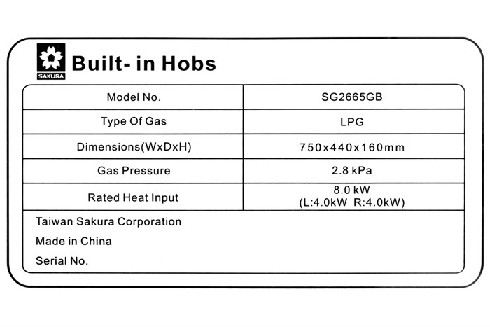 Bếp ga âm Sakura SG-2665GB Màu Đen