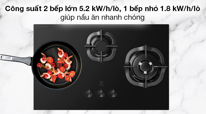 Bếp ga âm Electrolux EHG8321BC - Nấu ăn nhanh với công suất 2 bếp lớn 5.2 kW/h/lò, 1 bếp nhỏ 1.8 kW/h/lò