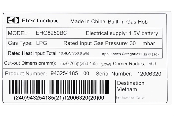 Bếp ga âm Electrolux EHG8250BC Màu Đen