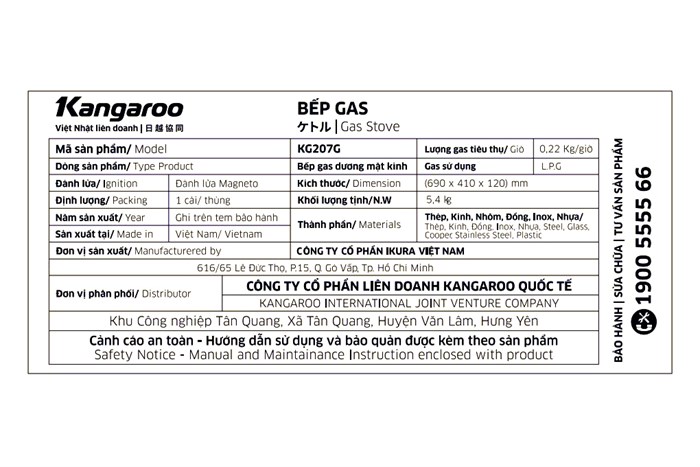 Bếp ga đôi Kangaroo KG207G Màu Đen