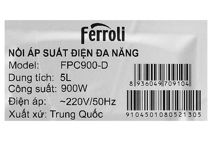 Nồi áp suất điện Ferroli FPC900-D 5 lít Màu Bạc Inox