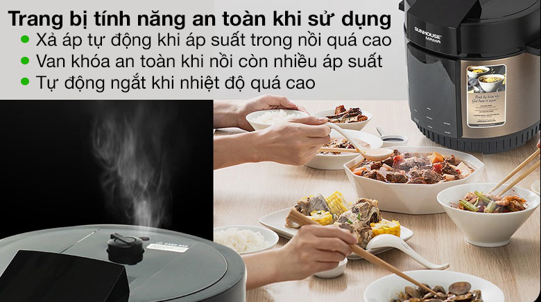 Tính năng an toàn khi sử dụng - Nồi áp suất điện Sunhouse Mama SHD1588B 5 lít