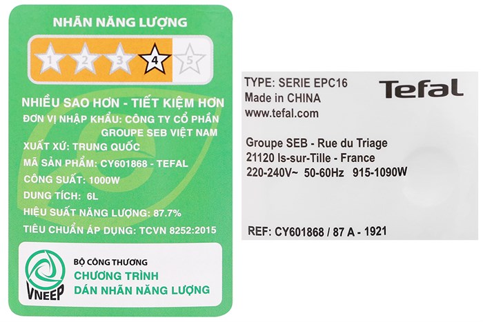 Nồi áp suất điện Tefal CY601868 6 lít Màu Đen