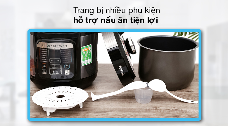 Nồi áp suất điện Tefal CY601868 6 lít - Đi kèm nồi có muỗng cơm, muỗng canh, cốc đong, thêm xửng hấp